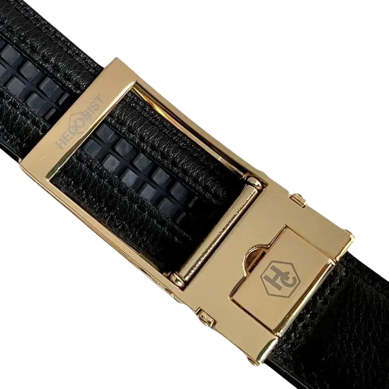 Black leather dress ratchet belt with gold buckle, hardware close-up