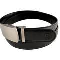 Black leather ratchet belt with gunmetal buckle, buckle detail close-up