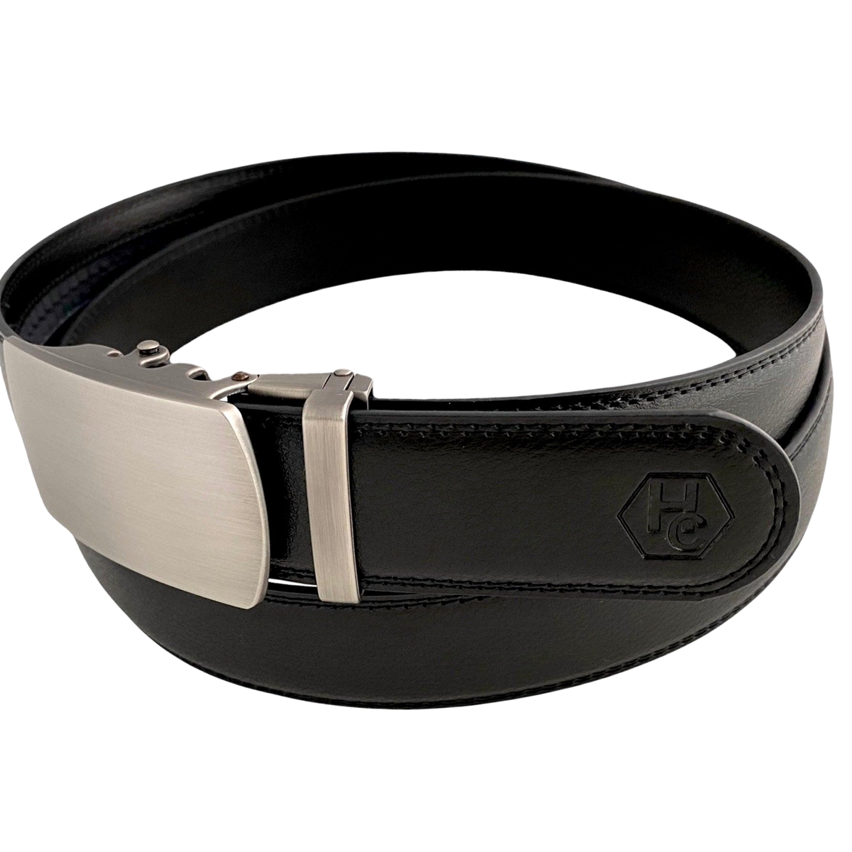 Black leather ratchet belt with gunmetal buckle, buckle detail close-up