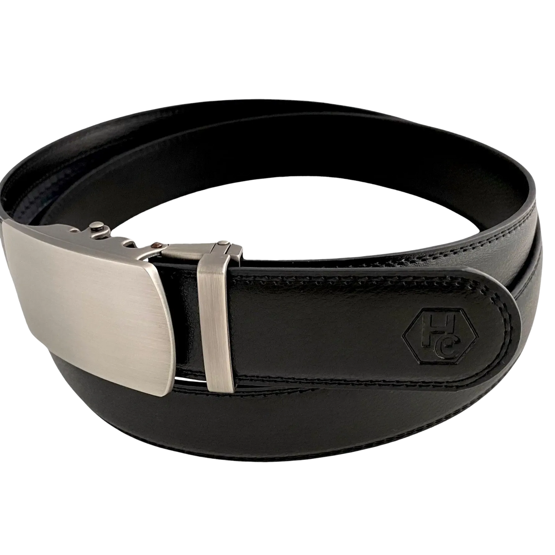 Black leather ratchet belt with gunmetal buckle, buckle detail close-up