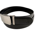 Black leather ratchet belt with gunmetal buckle, buckle detail close-up