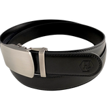 Black leather ratchet belt with gunmetal buckle, buckle detail close-up