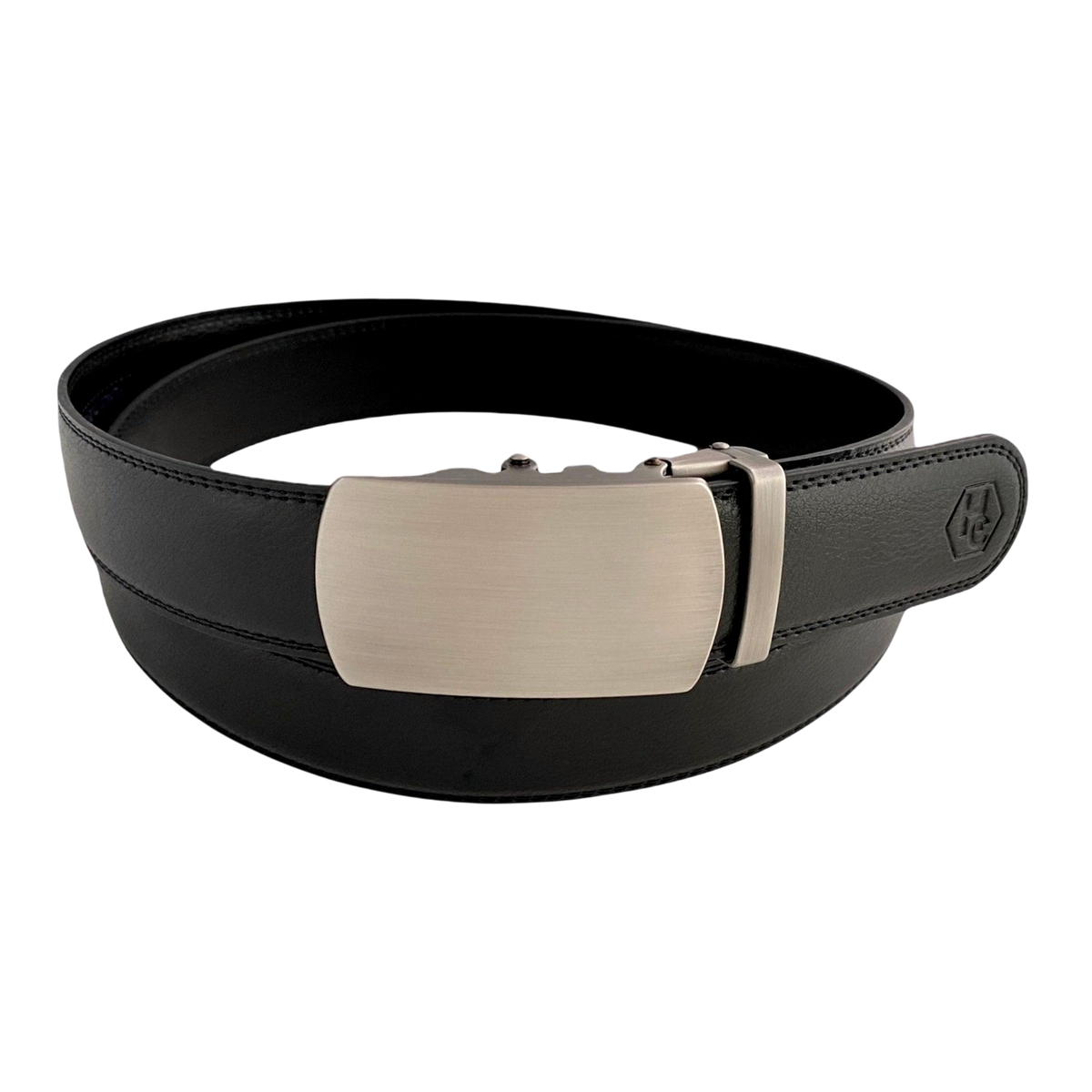 Black leather ratchet belt with gunmetal buckle, front view