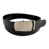 Black leather ratchet belt with gunmetal buckle, front view
