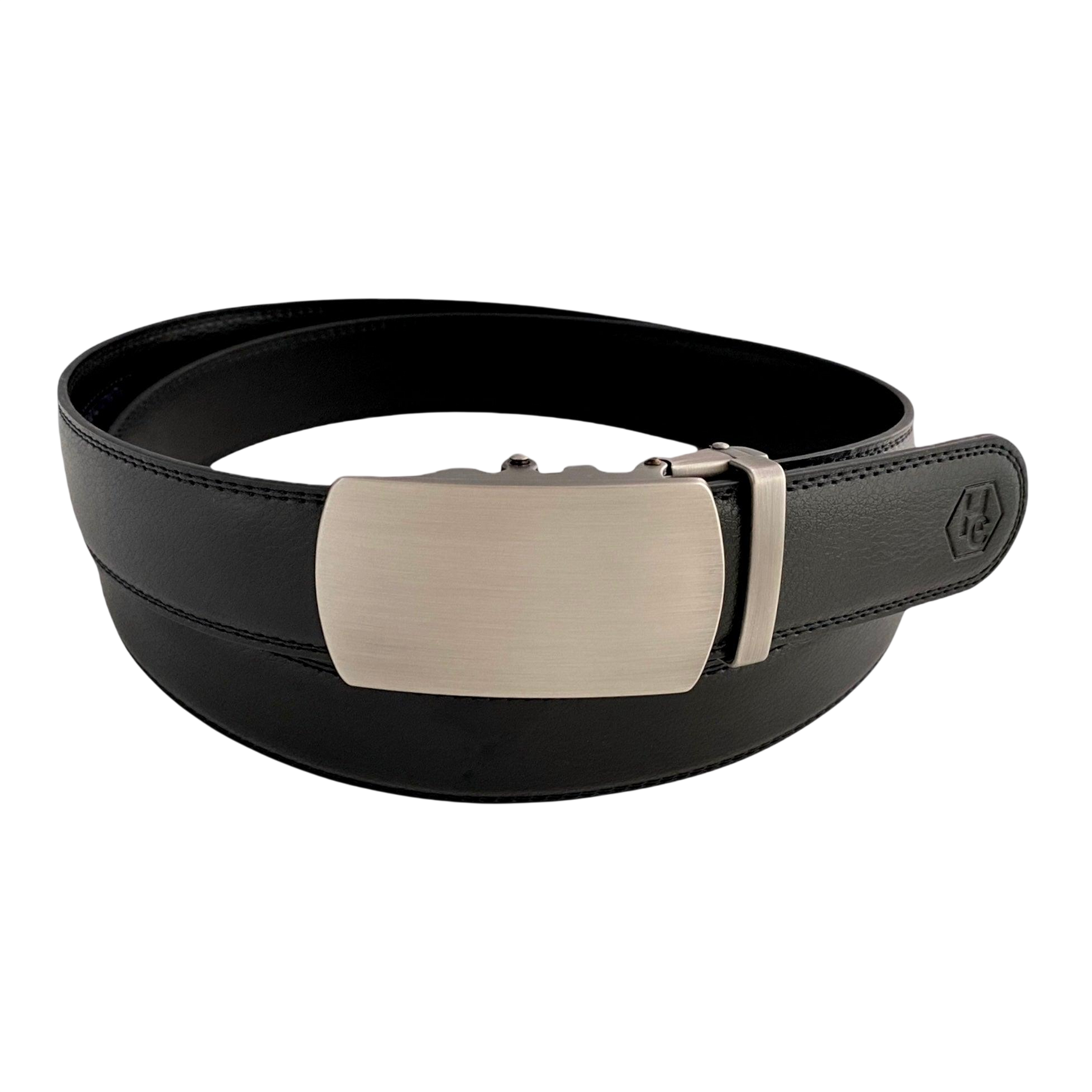 Black leather ratchet belt with gunmetal buckle, front view