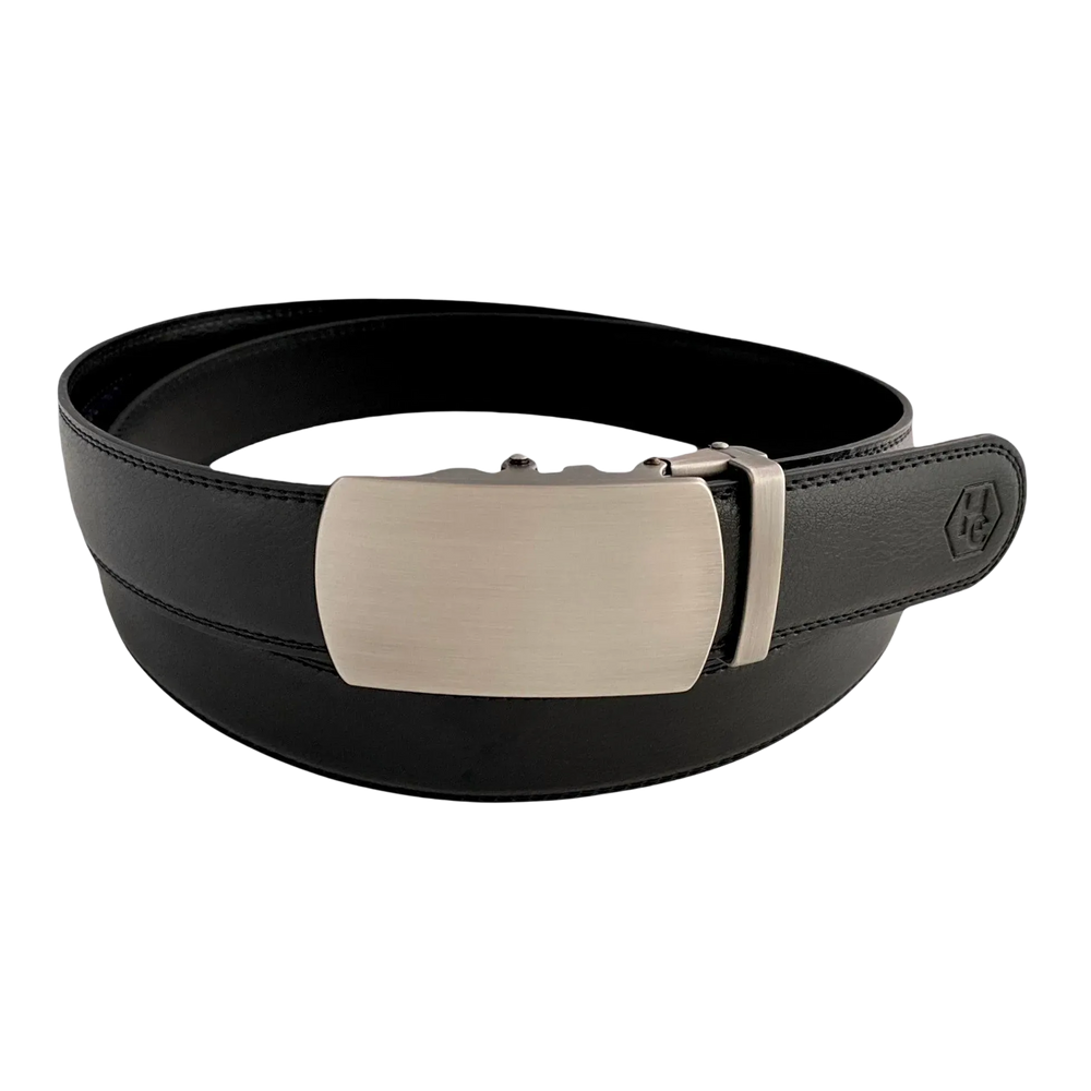 Black leather ratchet belt with gunmetal buckle, front view