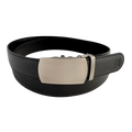 Black leather ratchet belt with gunmetal buckle, front view