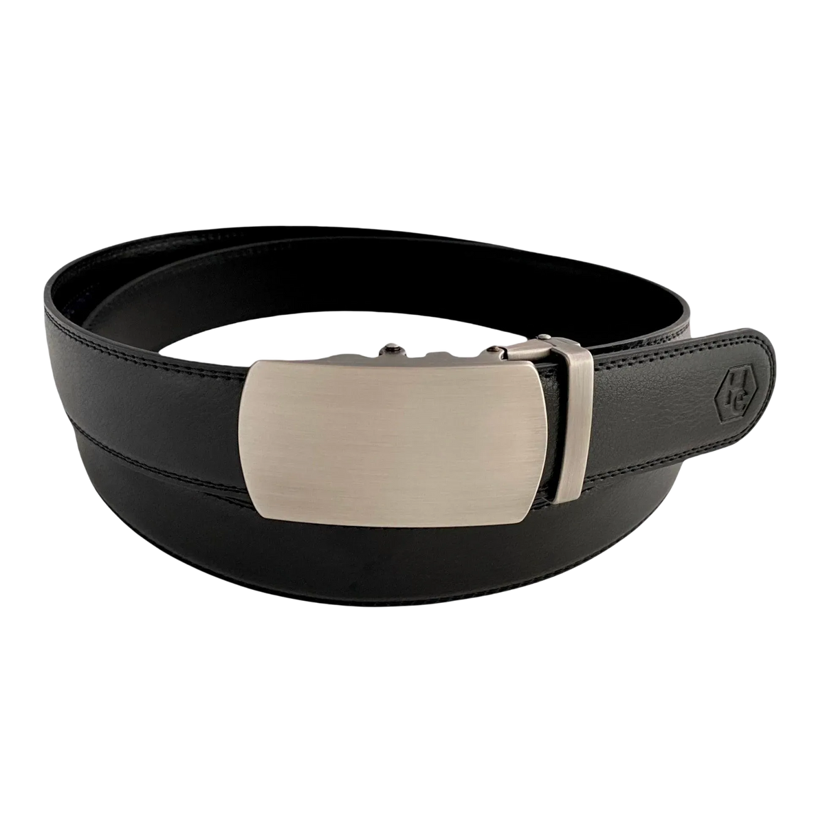Black leather ratchet belt with gunmetal buckle, front view