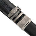 Black leather ratchet belt with gunmetal buckle, hardware close-up