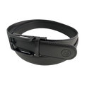 Black leather ratchet belt with black hollow frame buckle, buckle detail close-up