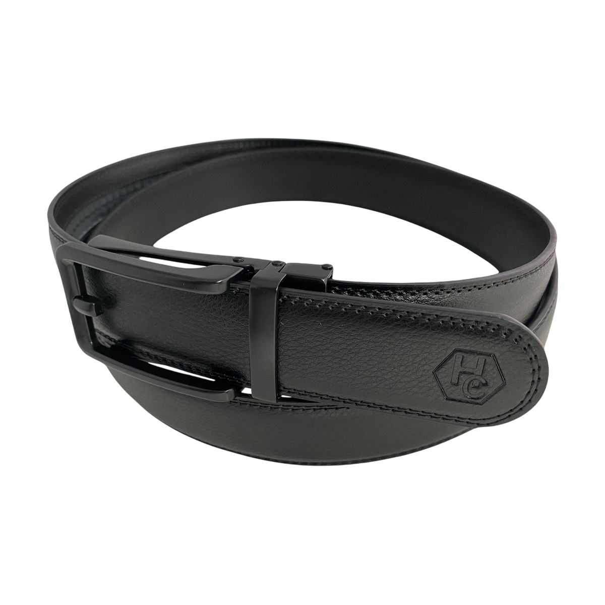 Black leather ratchet belt with black hollow frame buckle, buckle detail close-up