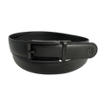 Black leather ratchet belt with black hollow frame buckle, front view