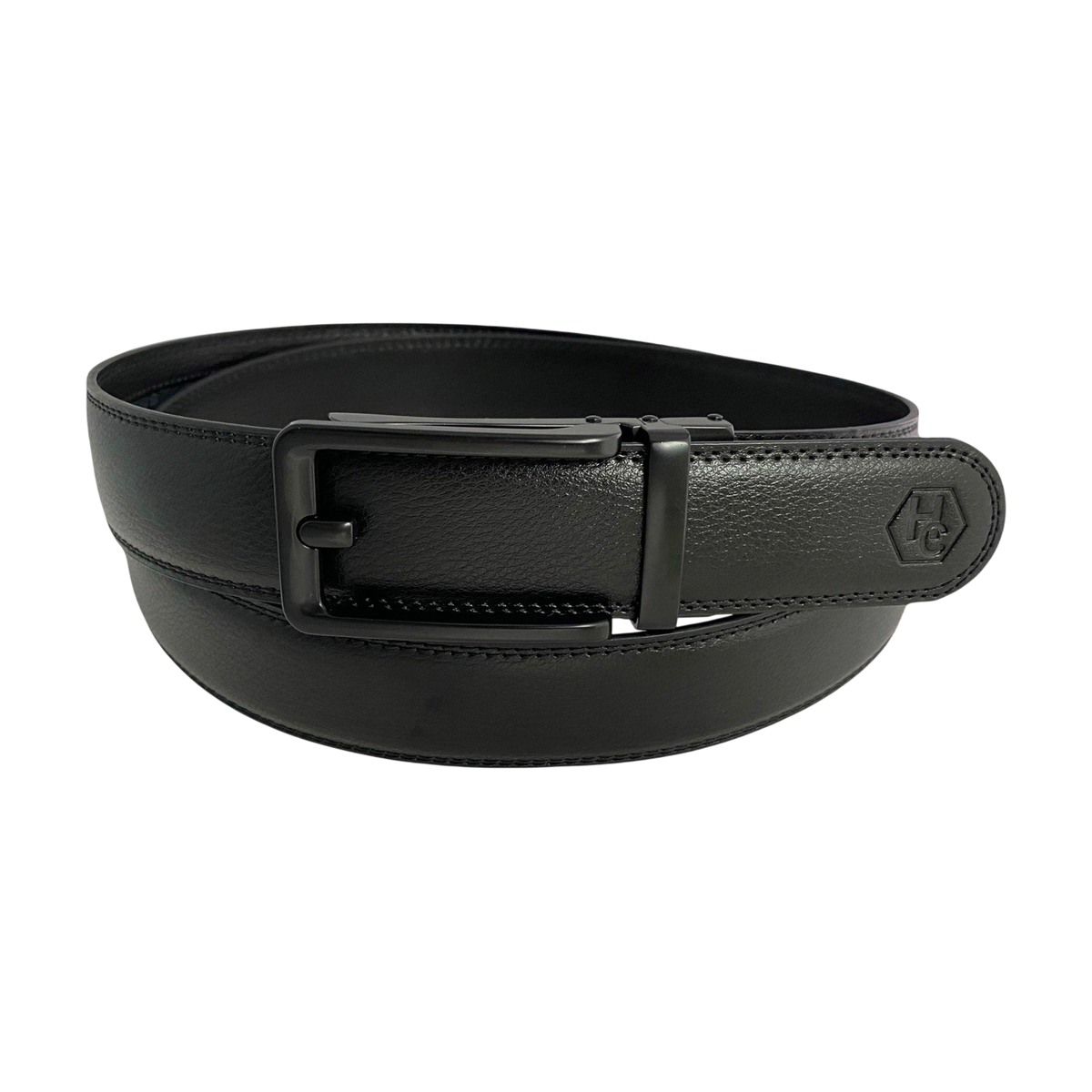 Black leather ratchet belt with black hollow frame buckle, front view