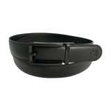 Black leather ratchet belt with black hollow frame buckle, front view