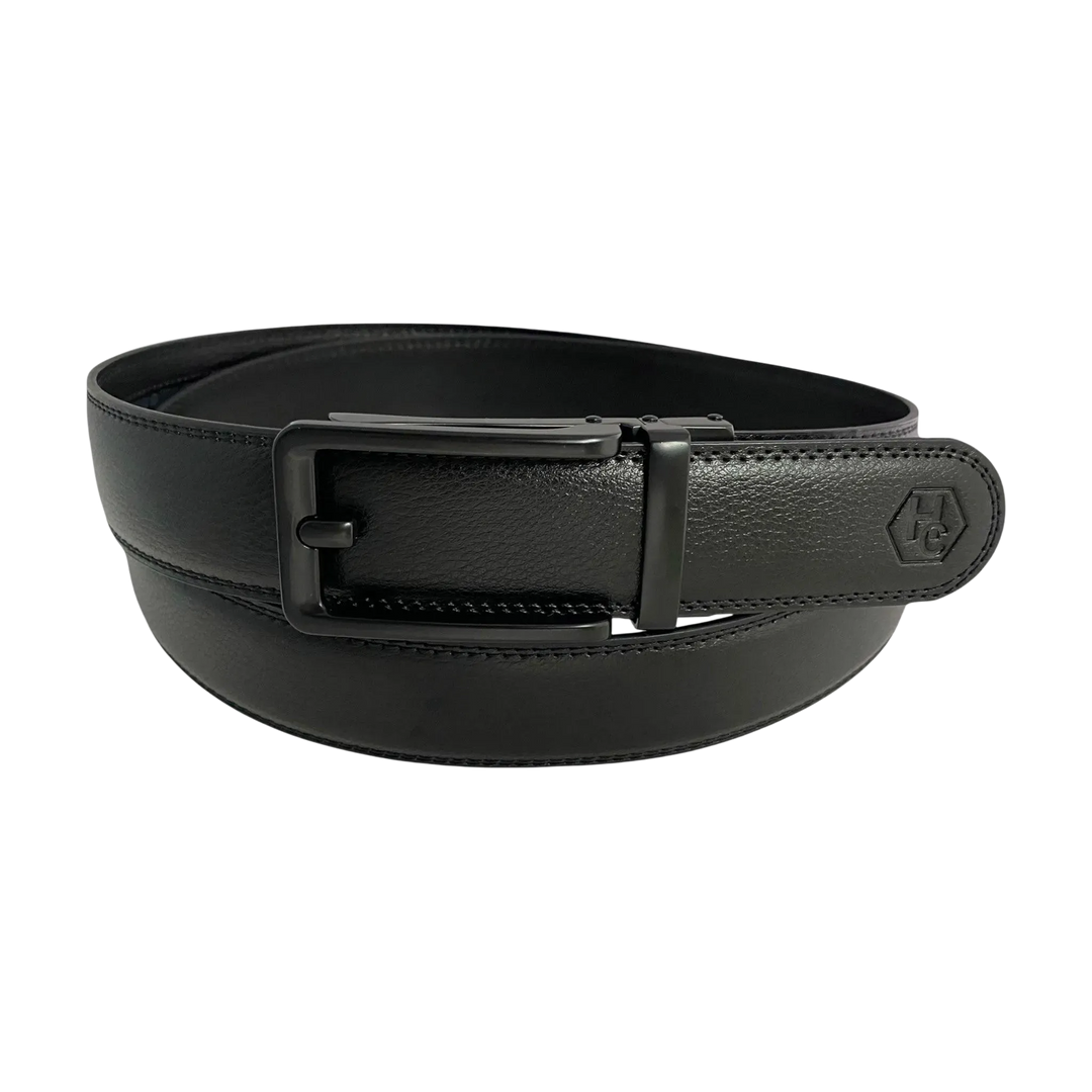 Black leather ratchet belt with black hollow frame buckle, front view