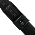 Black leather ratchet belt with black hollow frame buckle, hardware close-up