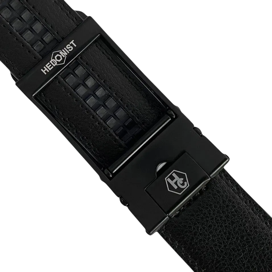 Black leather ratchet belt with black hollow frame buckle, hardware close-up