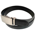 Black leather ratchet belt with long gunmetal rectangle buckle, buckle detail close-up