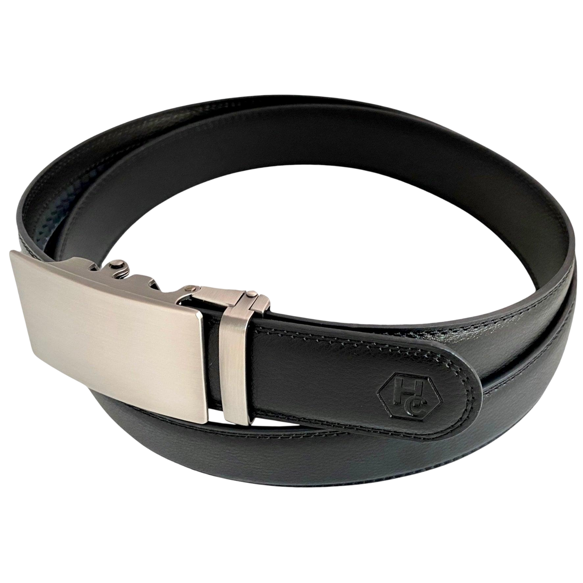 Black leather ratchet belt with long gunmetal rectangle buckle, buckle detail close-up