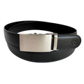 Black leather ratchet belt with long gunmetal rectangle buckle, front view