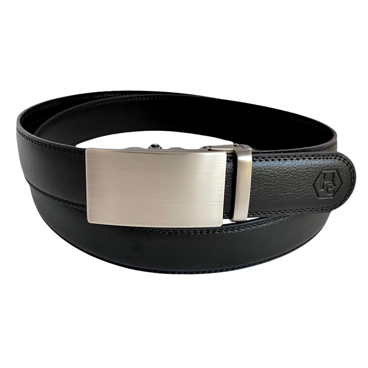 Black leather ratchet belt with long gunmetal rectangle buckle, front view
