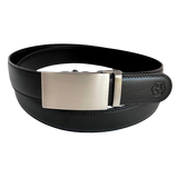 Black leather ratchet belt with long gunmetal rectangle buckle, front view