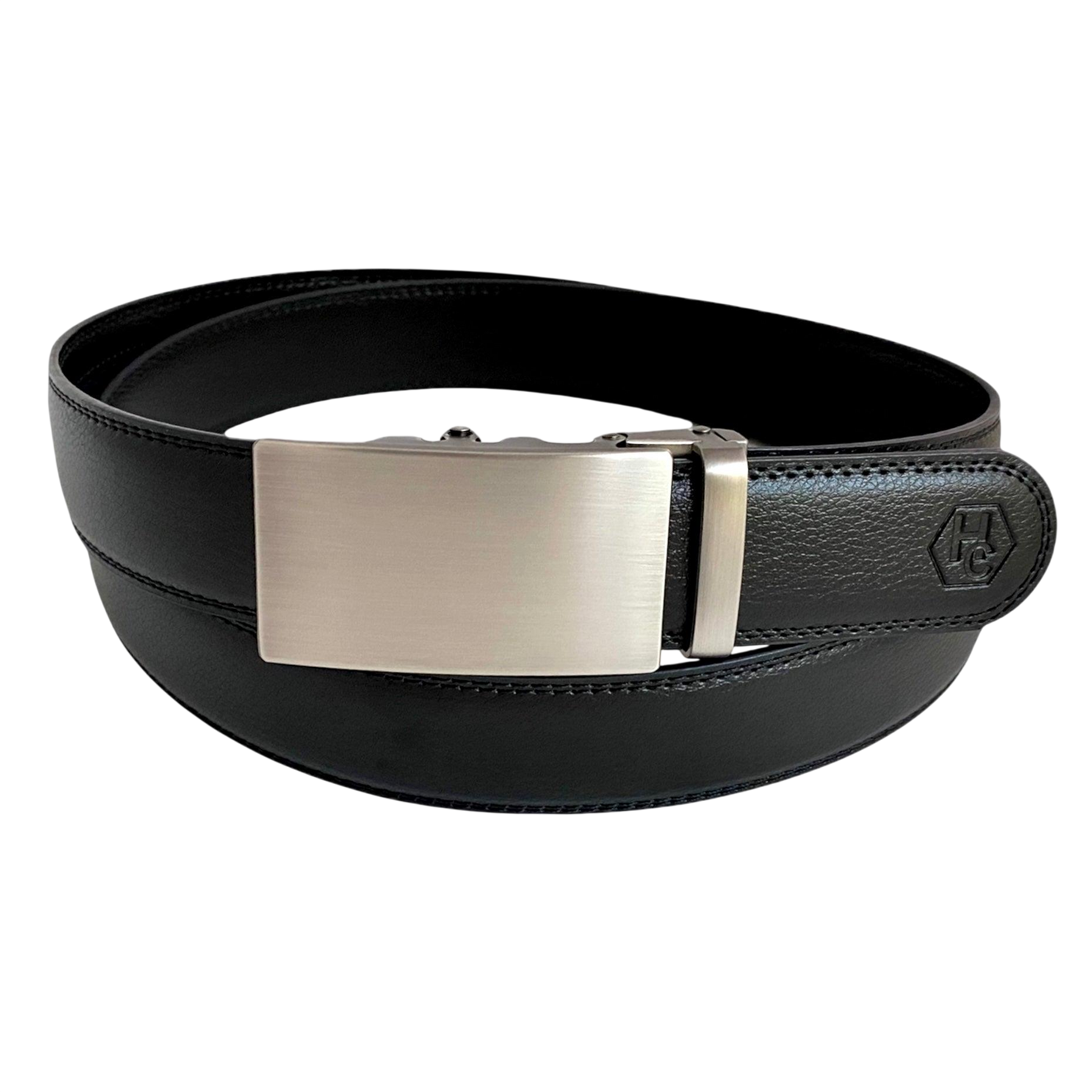 Black leather ratchet belt with long gunmetal rectangle buckle, front view