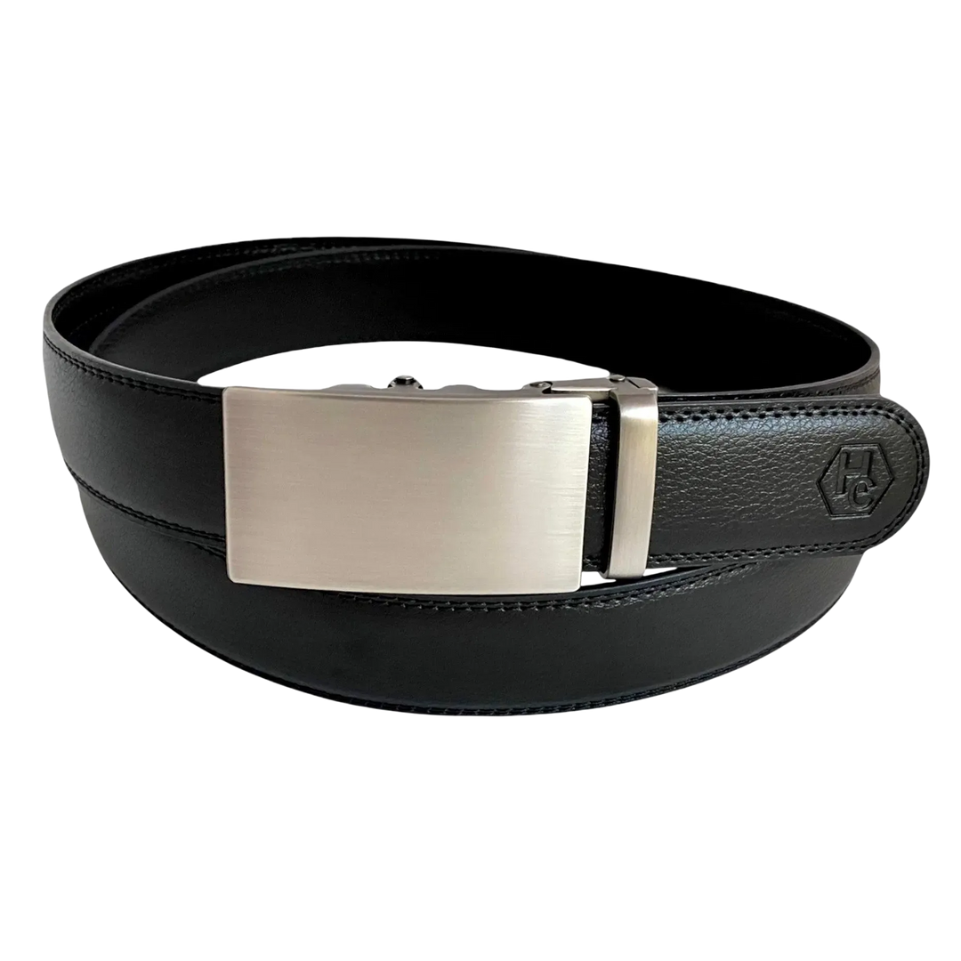 Black leather ratchet belt with long gunmetal rectangle buckle, front view