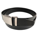 Black leather ratchet belt with metal plate buckle, buckle detail close-up