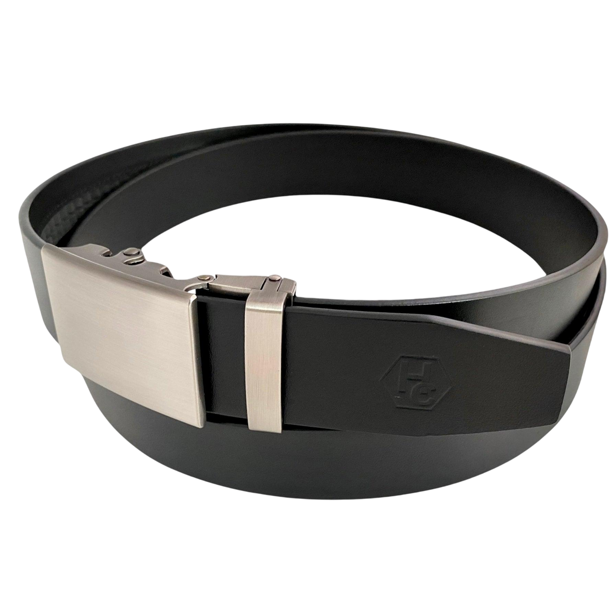 Black leather ratchet belt with metal plate buckle, buckle detail close-up