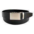 Black leather ratchet belt with metal plate buckle, front view
