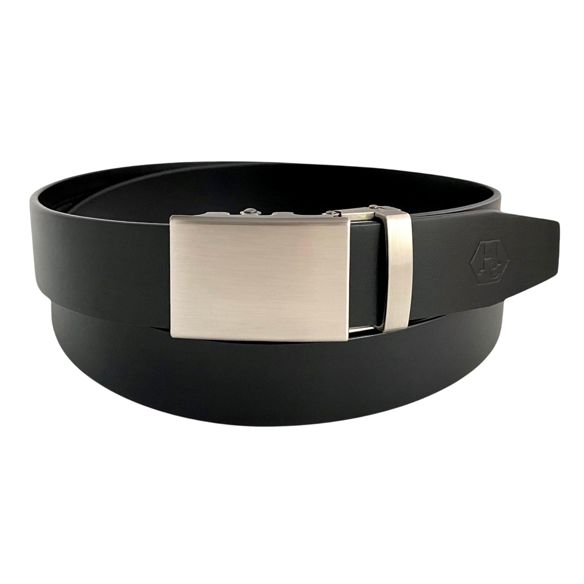 Black leather ratchet belt with metal plate buckle, front view