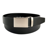 Black leather ratchet belt with metal plate buckle, front view