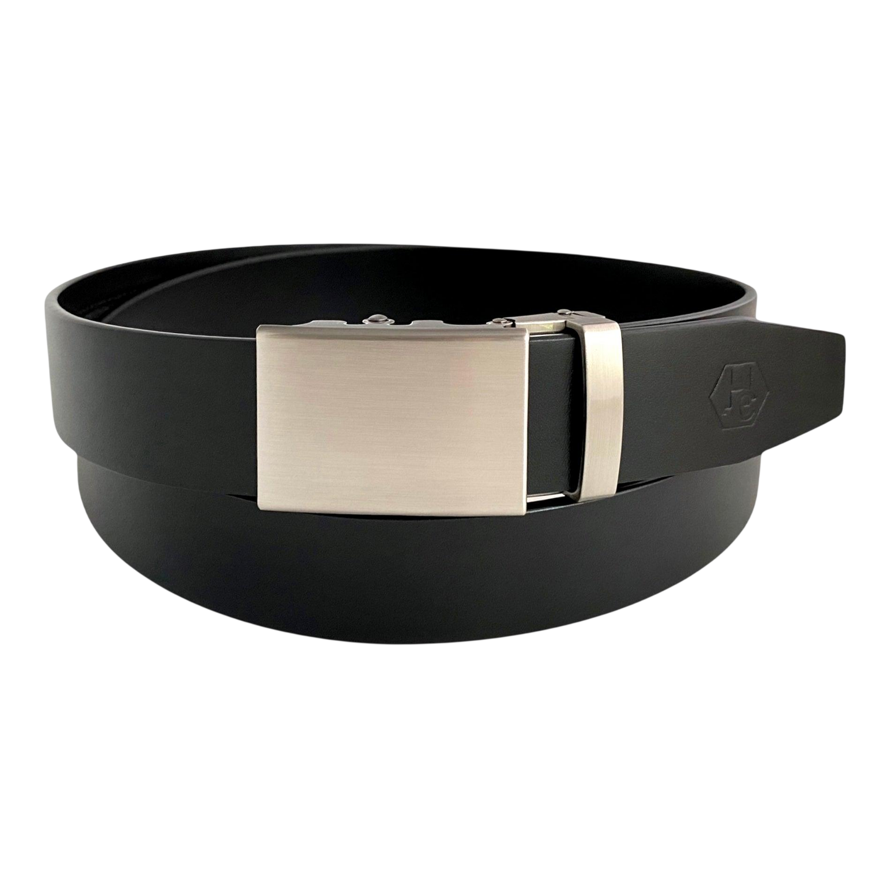 Black leather ratchet belt with metal plate buckle, front view