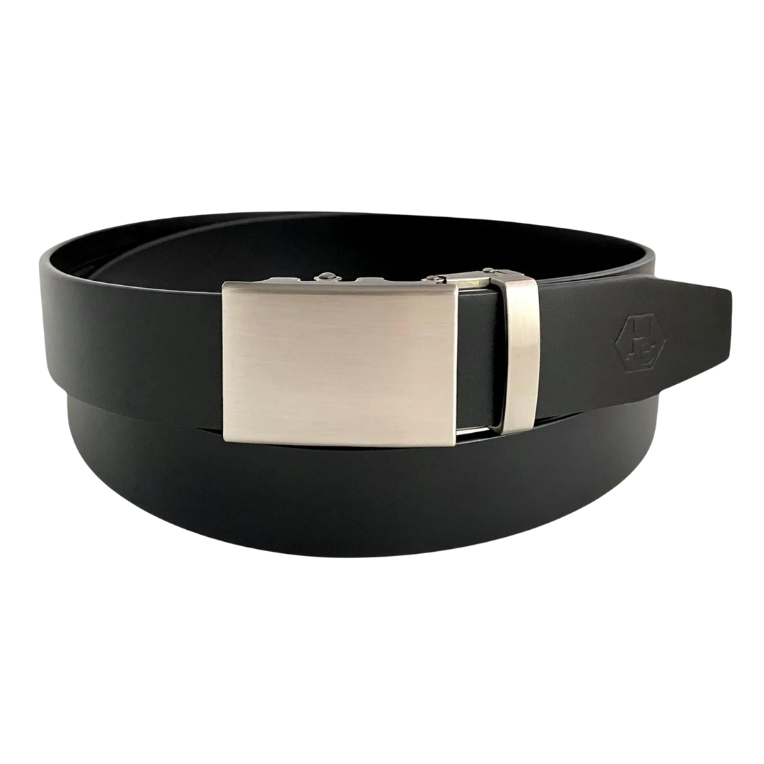Black leather ratchet belt with metal plate buckle, front view