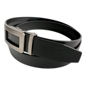Black leather ratchet belt with open frame buckle, buckle detail close-up
