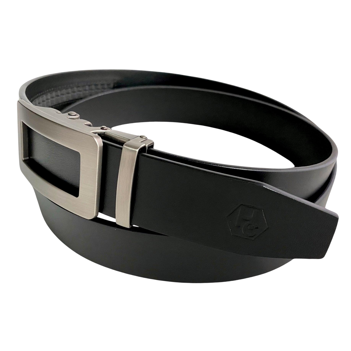 Black leather ratchet belt with open frame buckle, buckle detail close-up