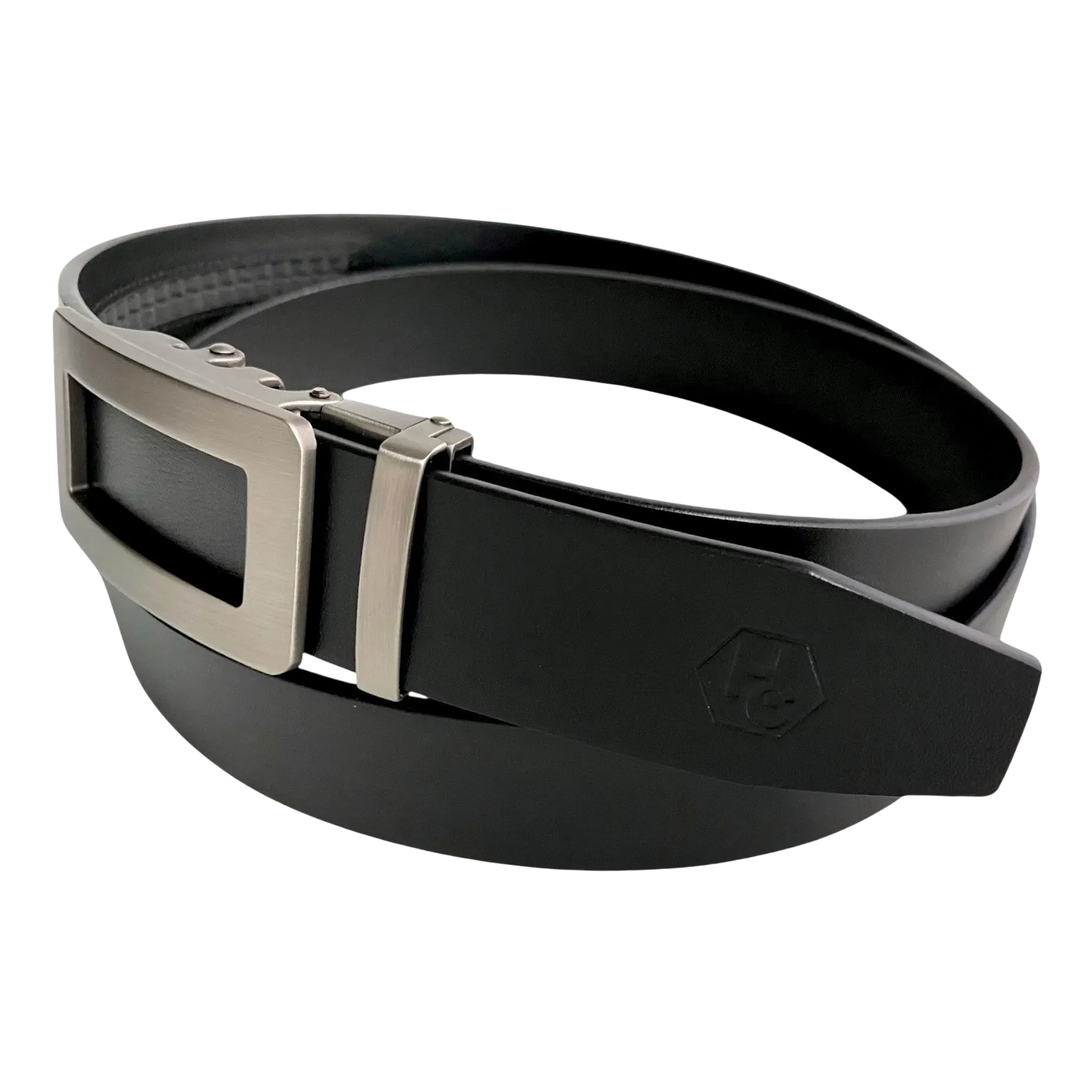 Black leather ratchet belt with open frame buckle, buckle detail close-up