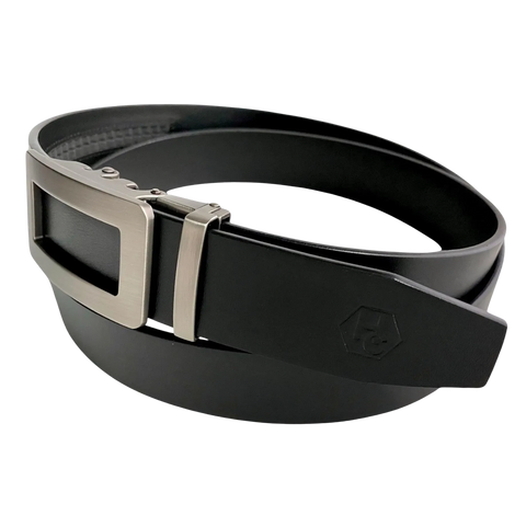 Black leather ratchet belt with open frame buckle, buckle detail close-up