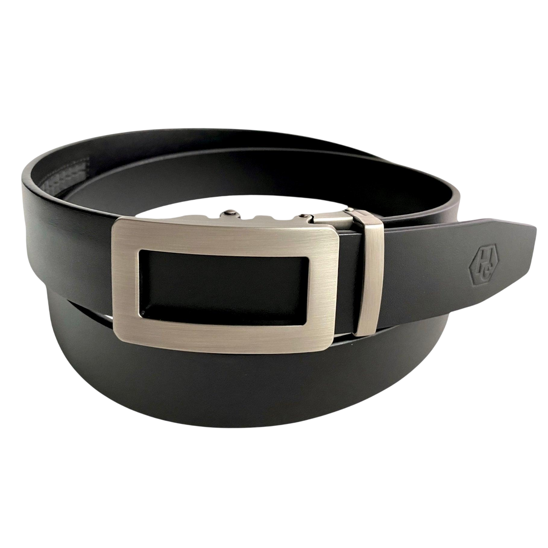 Black leather ratchet belt with open frame buckle, front view