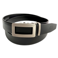 Black leather ratchet belt with open frame buckle, front view