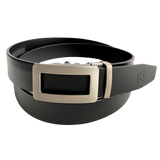 Black leather ratchet belt with open frame buckle, front view