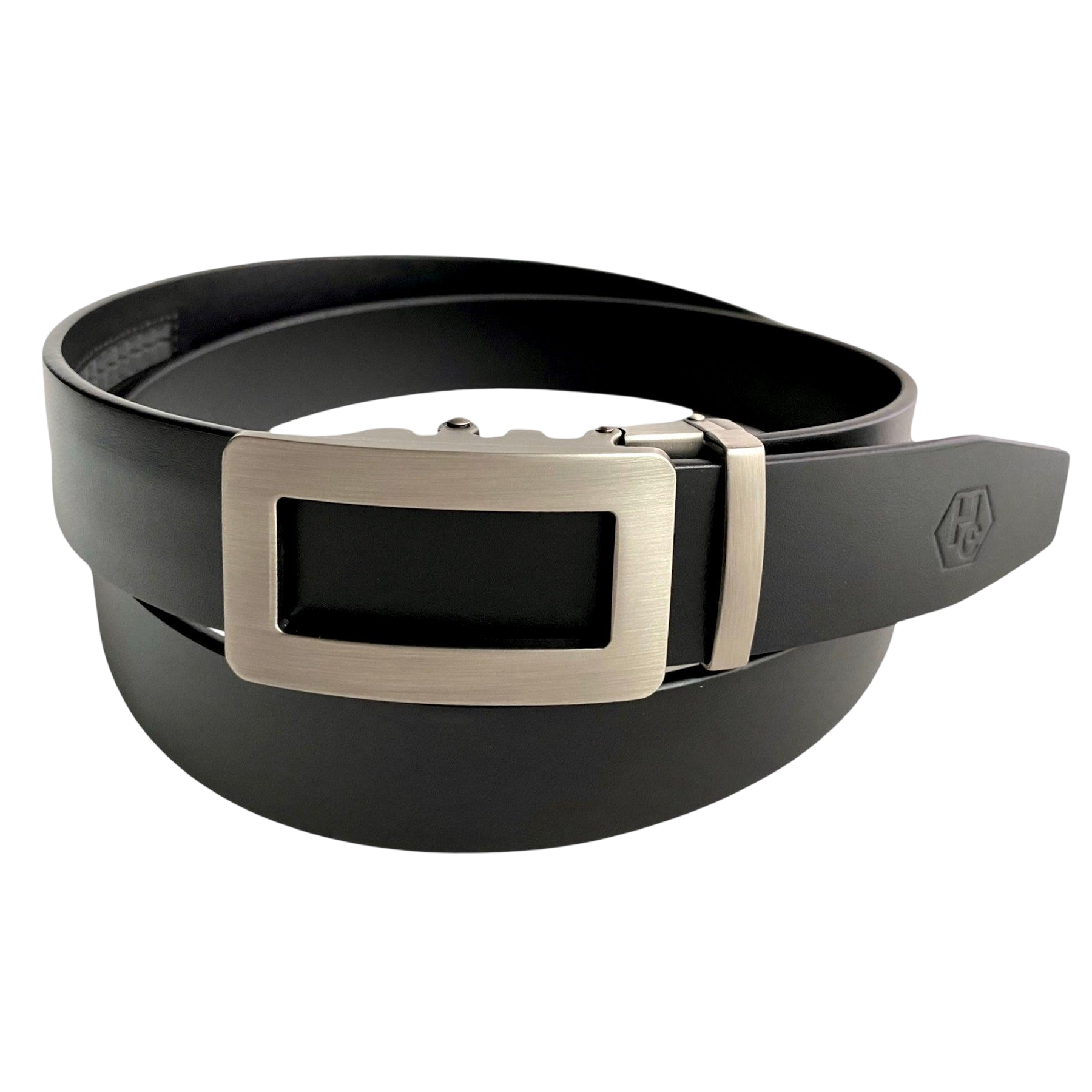 Black leather ratchet belt with open frame buckle, front view