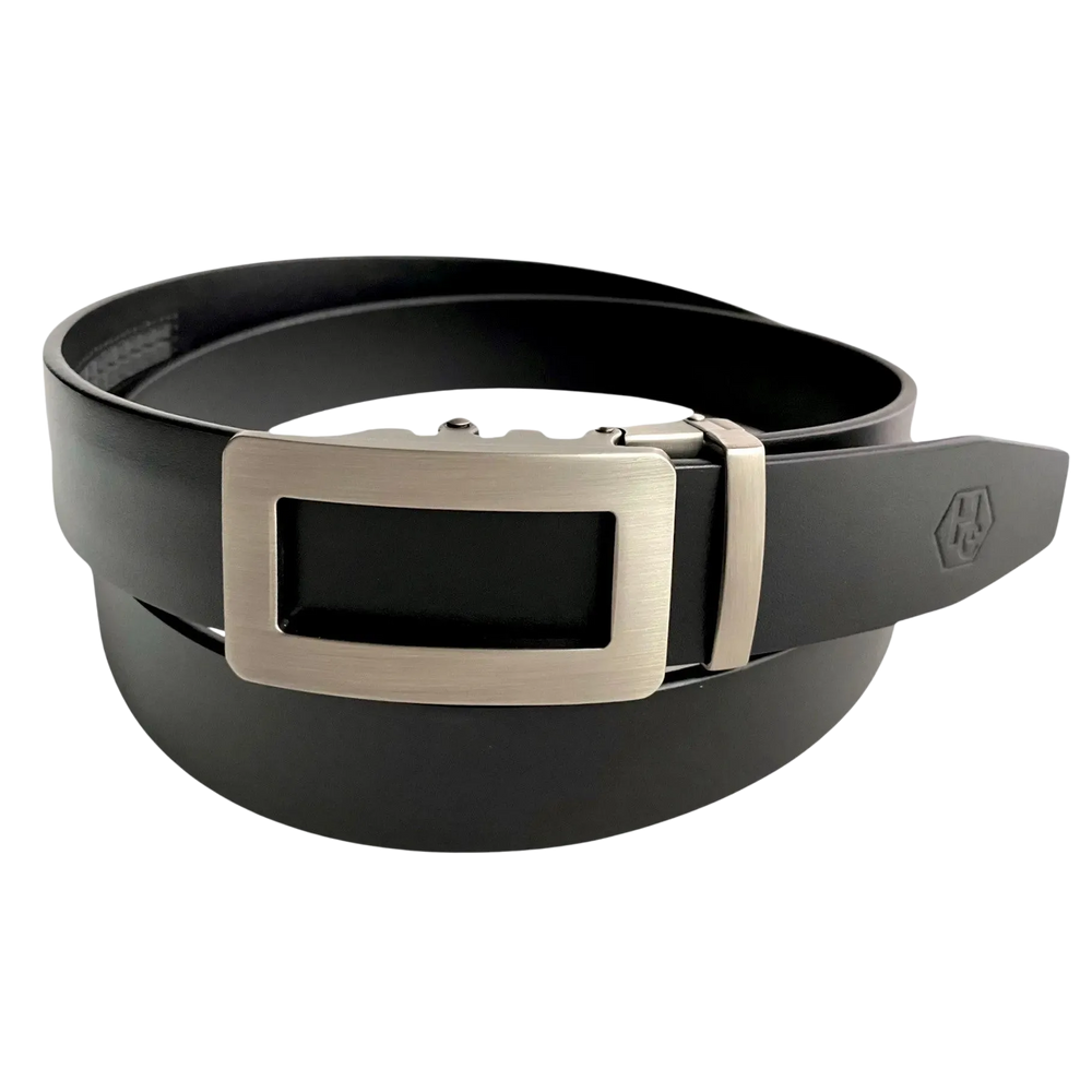 Black leather ratchet belt with open frame buckle, front view