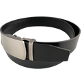 Black leather ratchet belt with oval metal buckle, buckle detail close-up