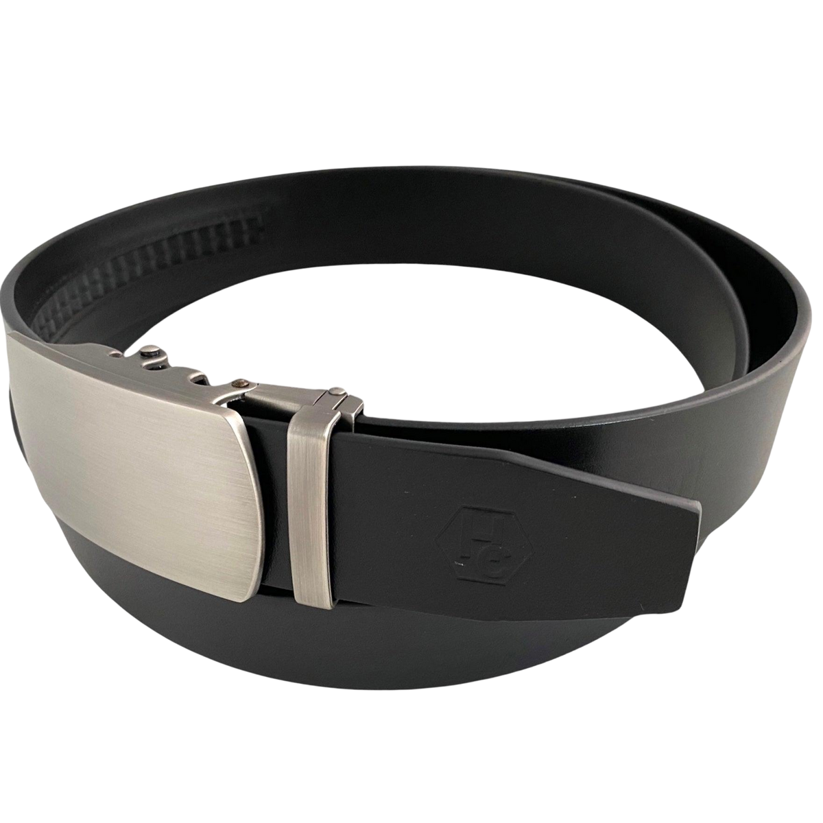Black leather ratchet belt with oval metal buckle, buckle detail close-up