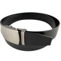 Black leather ratchet belt with oval metal buckle, buckle detail close-up