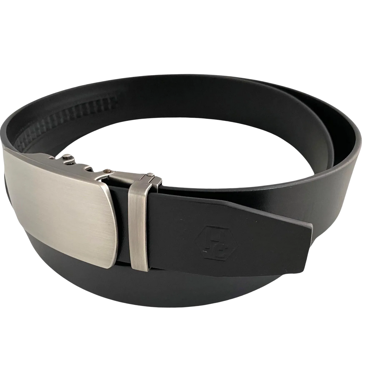 Black leather ratchet belt with oval metal buckle, buckle detail close-up