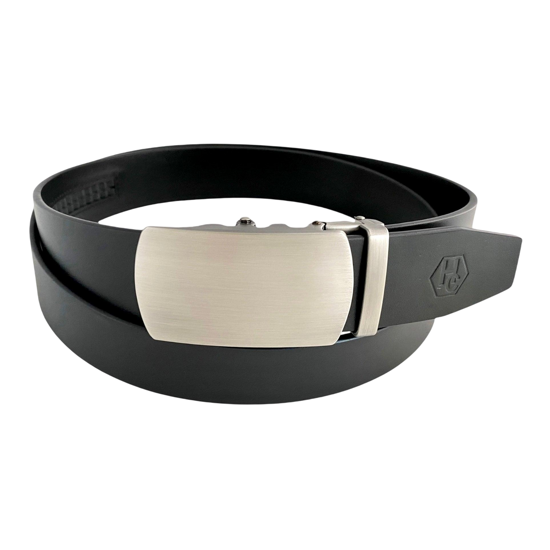 Black leather ratchet belt with oval metal buckle, front view