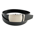 Black leather ratchet belt with oval metal buckle, front view